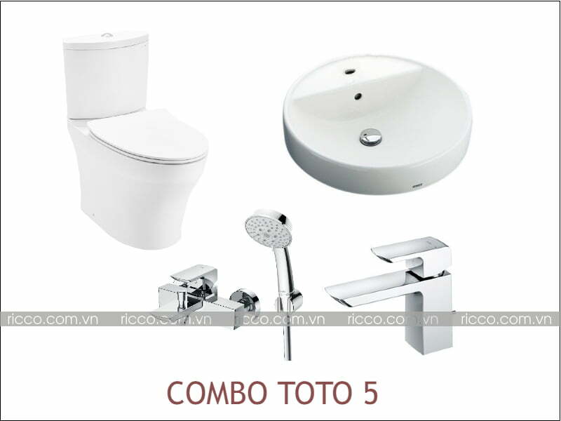 combo thiết bị vệ sinh toto: bồn cầu 2 khối, chậu rửa đặt bàn, vòi chậu, sen tắm