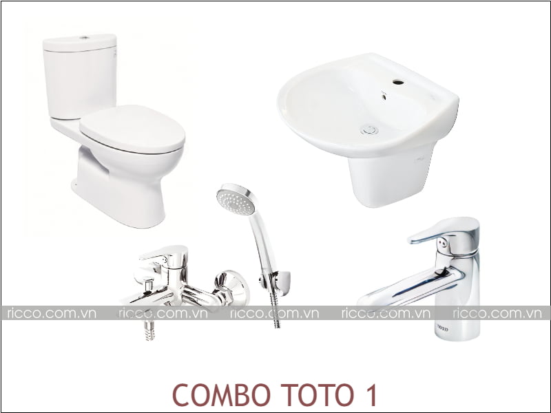 combo thiết bị vệ sinh toto: bồn cầu 2 khối, chậu rửa, vòi chậu, sen tắm