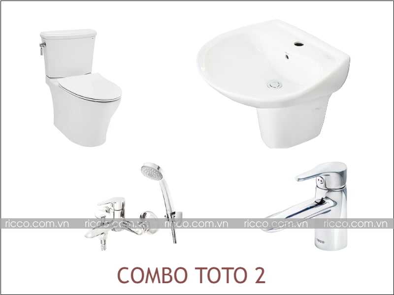 combo thiết bị vệ sinh toto: bồn cầu 2 khối, lavabo, vòi chậu, sen tắm