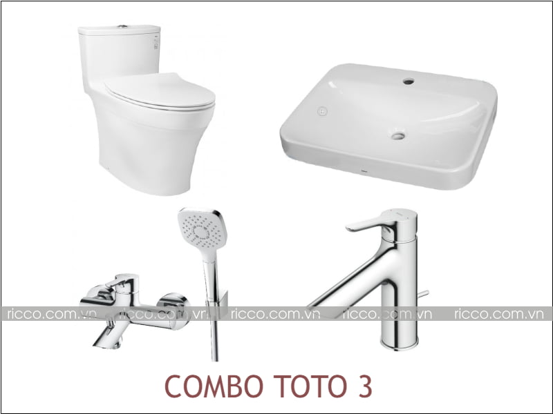 combo thiết bị vệ sinh toto: bồn cầu 1 khối, chậu rửa, vòi chậu, sen tắm