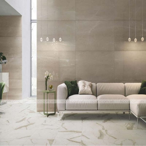 phòng khách sử dụng gạch lát nền italy 120x120 PRCALUC trắng vân đá marble