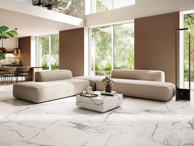 Gạch màu trắng vân đá marble trang trí phòng khách