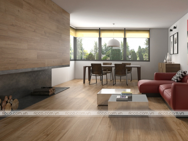 Phòng khách trang trí đẹp với gạch nền giả gỗ như mang cả thiên nhiên vào không gian