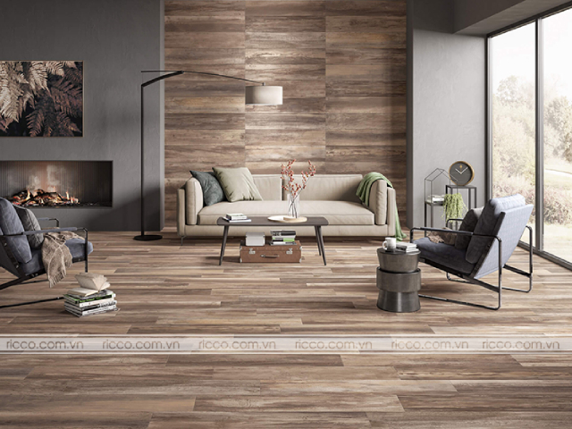 Mẫu gạch gỗ tone màu nhạt trang trí phòng khách đẹp